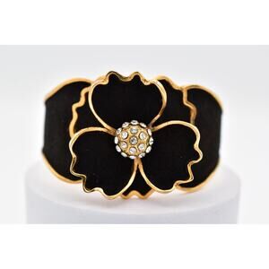 Vintage Henry à la Pensée Black Velvet Flower Rhinestone Cuff Bracelet 40s BinBR